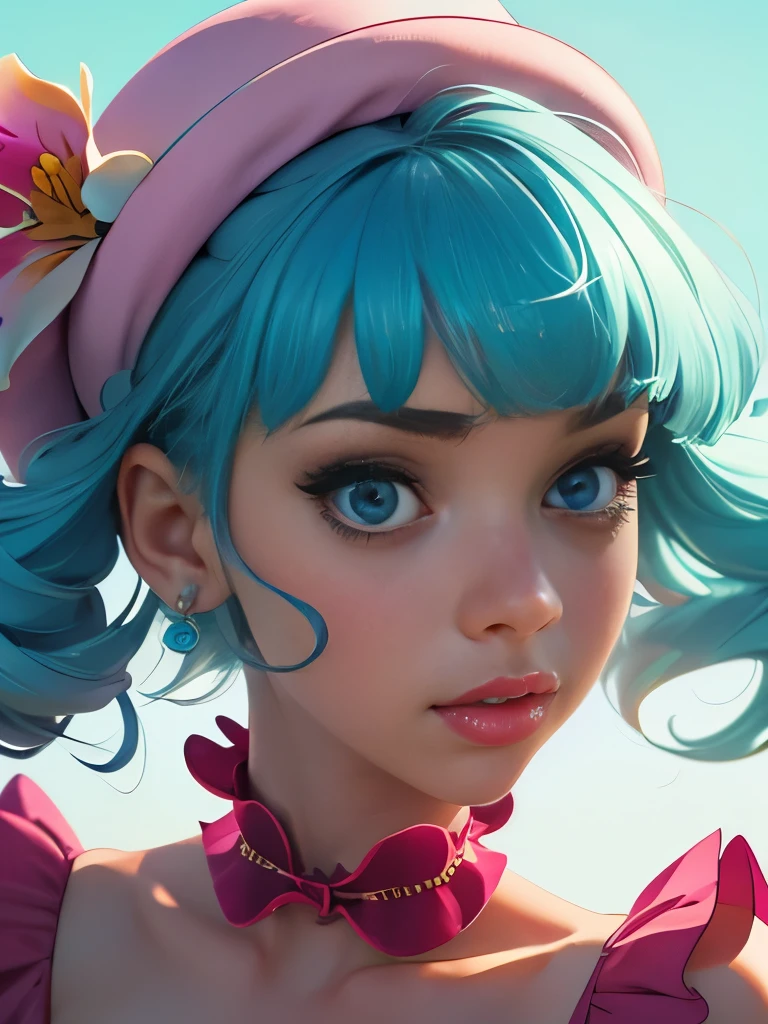 a close up of a woman with a hat and a dress, melanie martinez, her face looks like an orchid, she looks like a mix of grimes, # rococo, old timey, belle delphine, her hair is white, photographed on colour film, beautiful stella maeve magician, with hat, gorgeous stella maeve magician, & her expression is solemn