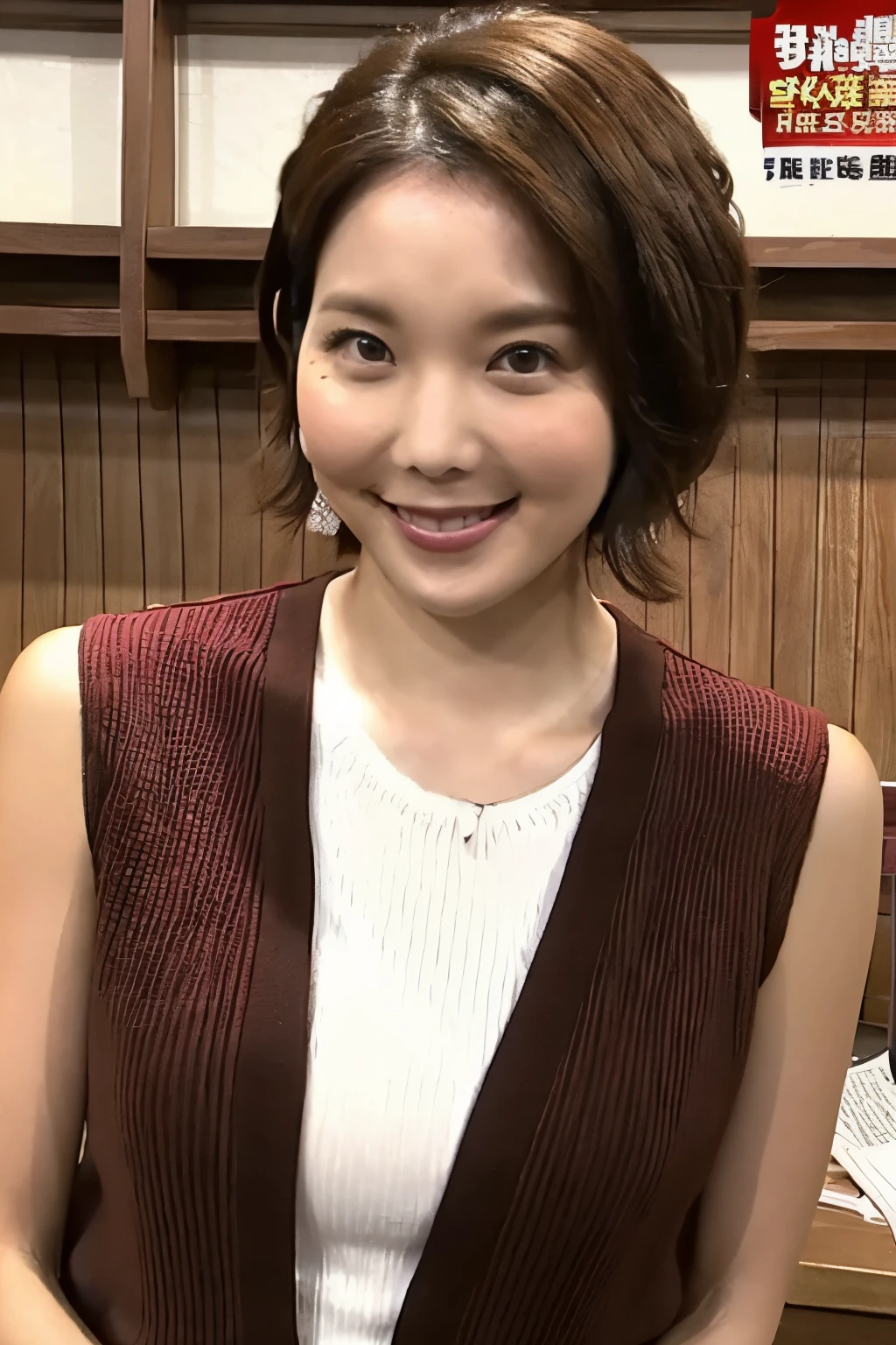 Beautiful 30 year old woman、Brown Hair、Wavy Short Hair、smile、Big Breasts、Sexy body、Red sleeveless knit sweater、White tanding in a wooden news studio set