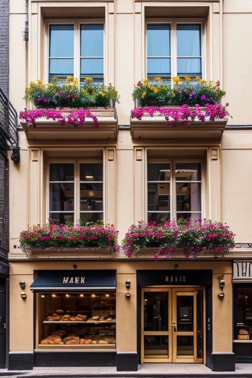 High quality, high detailed exterior of an apartment building with a downstairs bakery, decorated with flowers, outdoor seating, and art in the windows