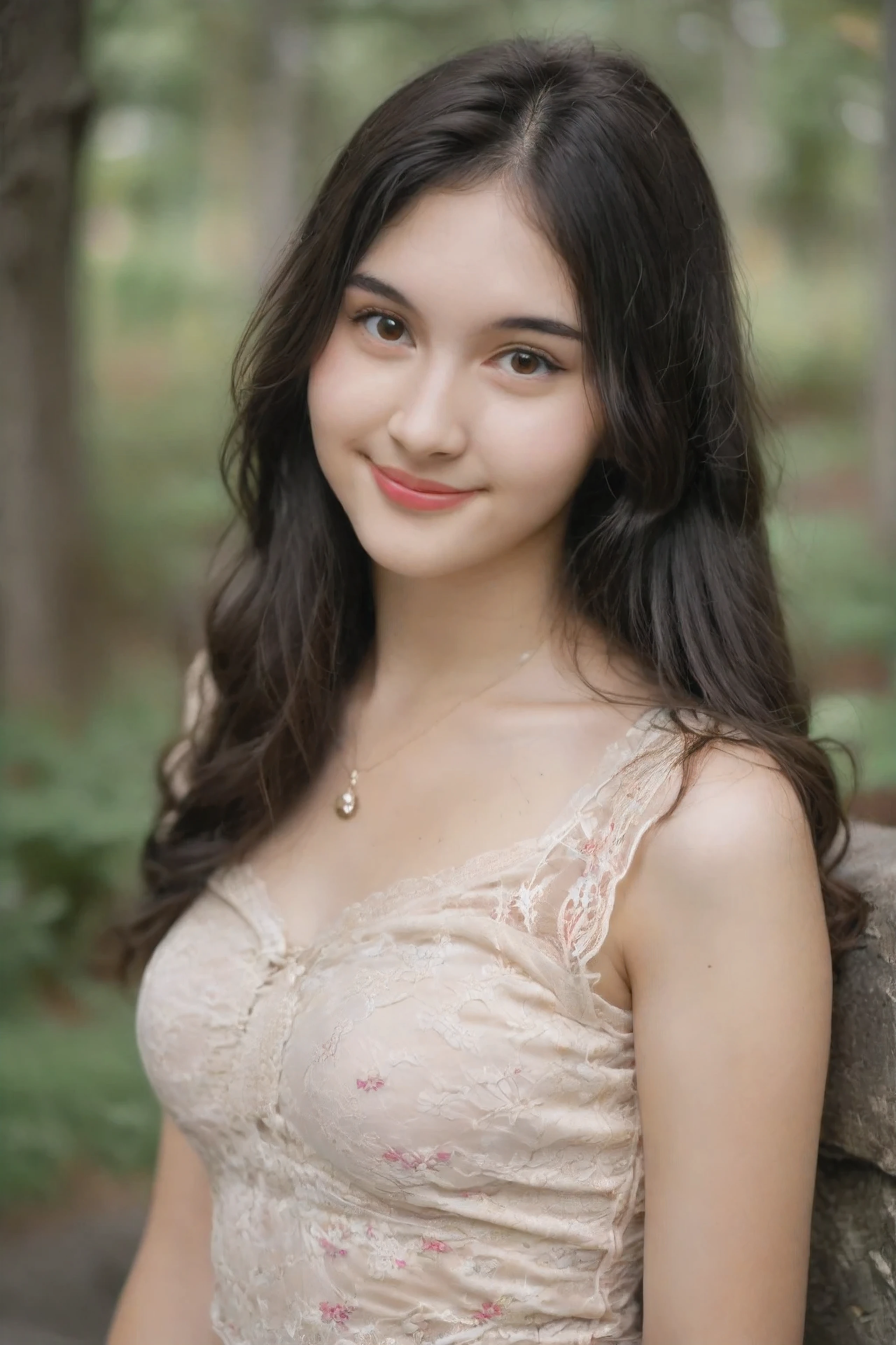 film portrait photography, 1girl, solo, seductive smile, long wavy black hair, brown eyes, looking at viewer, bare shoulders, serene, calm, (realistic detailed eyes, natural skin texture, realistic face details), soft lighting, depth of field, bokeh, vibrant details, finely detailed, hyperrealistic, 35mm film, hazy blur, filmg, colorful lace dress with big perky breasts, at outdoors
