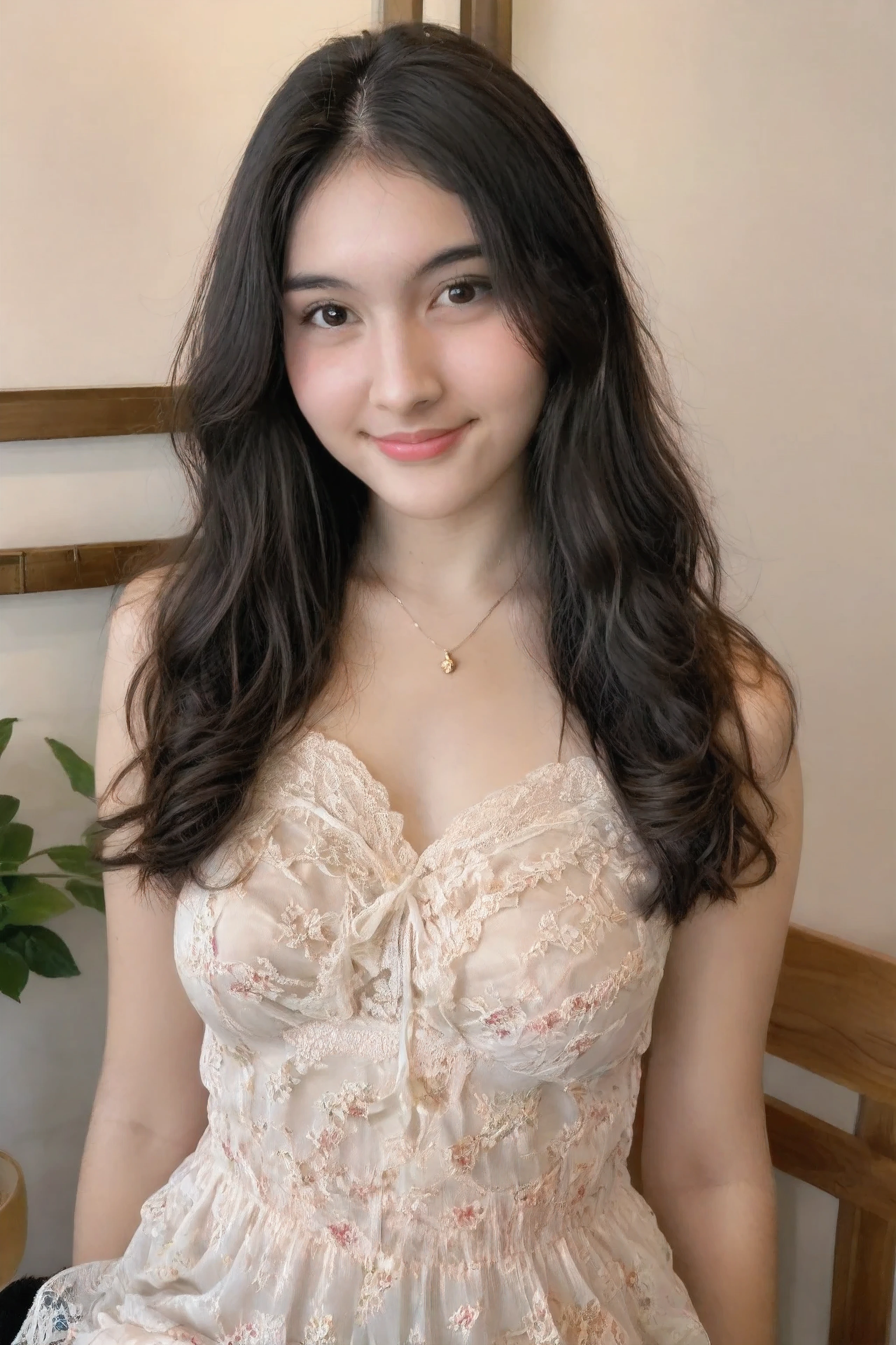 film portrait photography, 1girl, solo, seductive smile, long wavy black hair, brown eyes, looking at viewer, bare shoulders, serene, calm, (realistic detailed eyes, natural skin texture, realistic face details), soft lighting, depth of field, bokeh, vibrant details, finely detailed, hyperrealistic, 35mm film, hazy blur, filmg, colorful lace dress with big perky breasts, at cozy cafe