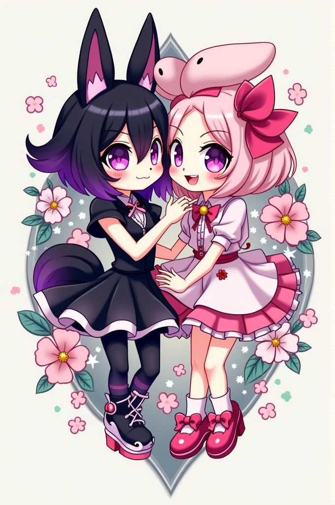 Create a small logo of a store called "Lulumu Store" with white colors, rosa , red, black and have a girl dressed as a lolita with pastel pink hair , fresitas dibujadas alrededor que tenga una pose tierna y añade otra chica sucubo vestida de red muy sexy pero tierna con cabello negro con una pose provocativa