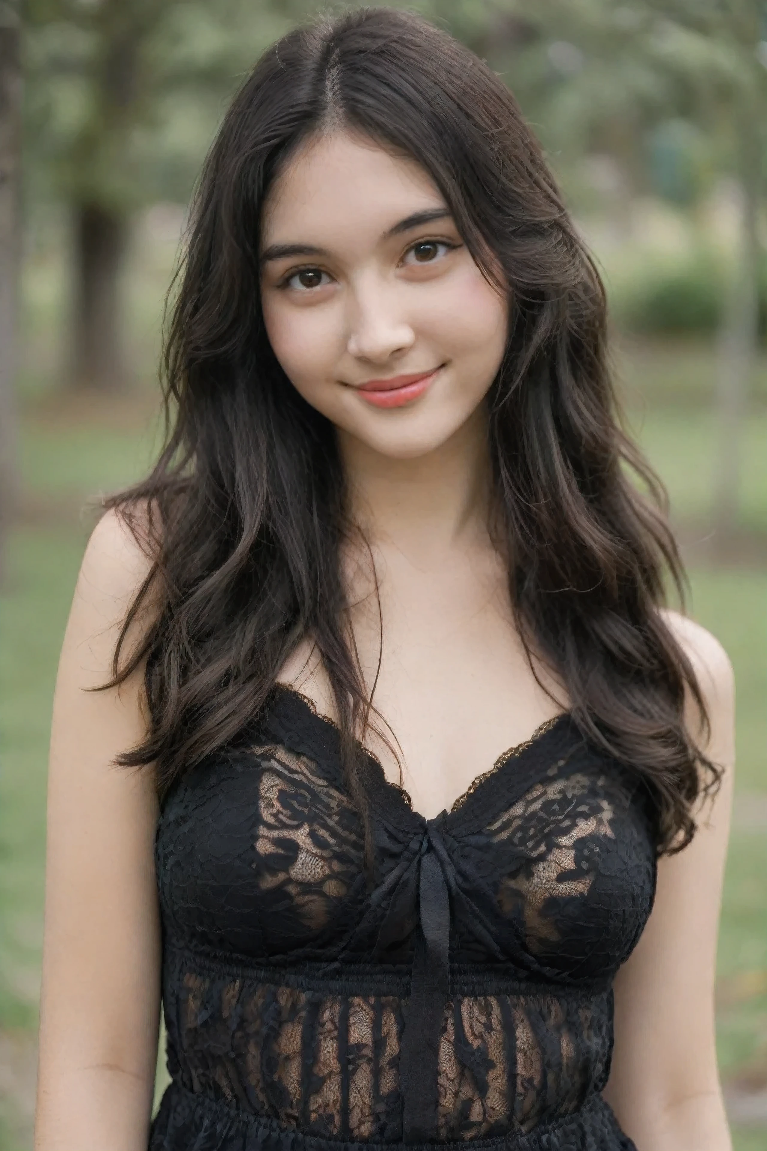 film portrait photography, 1girl, solo, seductive smile, long wavy black hair, brown eyes, looking at viewer, bare shoulders, serene, calm, (realistic detailed eyes, natural skin texture, realistic face details), soft lighting, depth of field, bokeh, vibrant details, finely detailed, hyperrealistic, 35mm film, hazy blur, filmg, colorful lace dress with big perky breasts