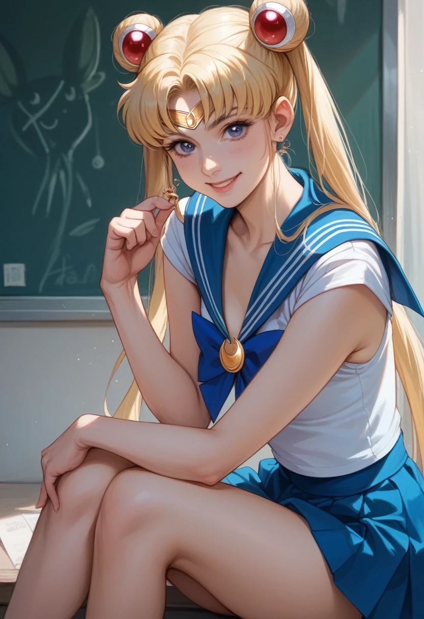 Sailor Moon、Small breasts、Blonde、1、Twin tails、Ultra-detailed,(Woman:1.4)、Sexy smile、The fingers of one hand are shaped like a cylinder、masterpiece,photo realistic、sitting