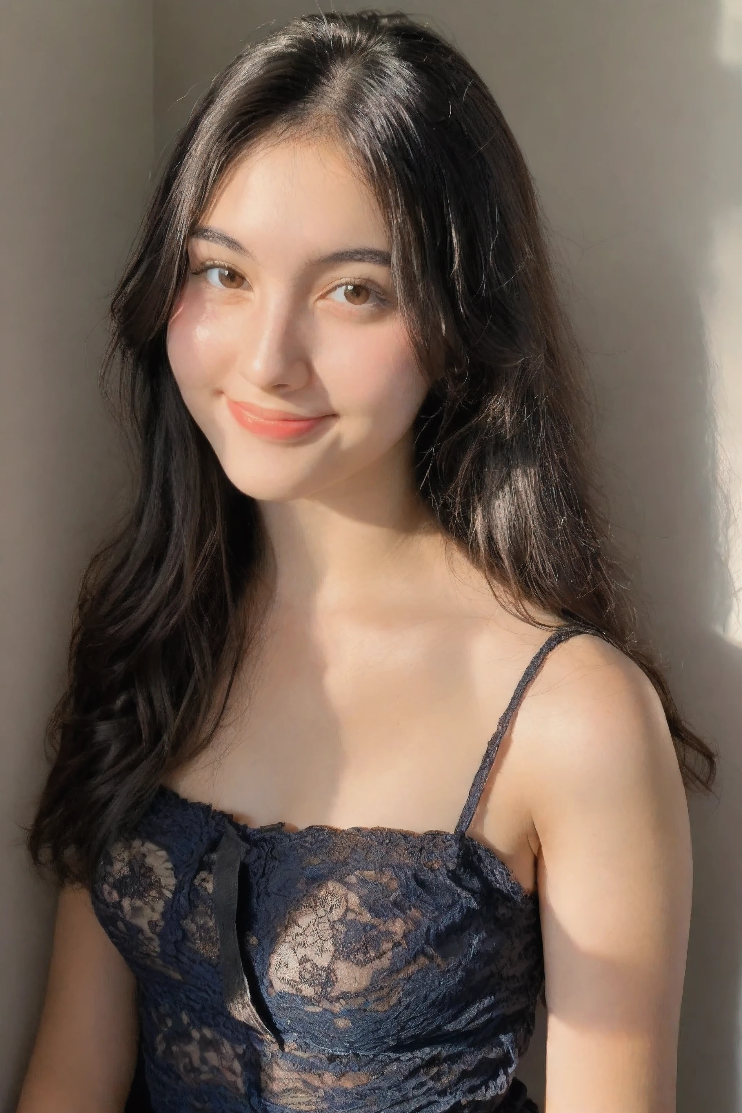 film portrait photography, 1girl, solo, seductive smile, long wavy black hair, brown eyes, looking at viewer, bare shoulders, serene, calm, (realistic detailed eyes, natural skin texture, realistic face details), soft lighting, depth of field, bokeh, vibrant details, finely detailed, hyperrealistic, 35mm film, hazy blur, filmg, colorful lace dress with big perky breasts