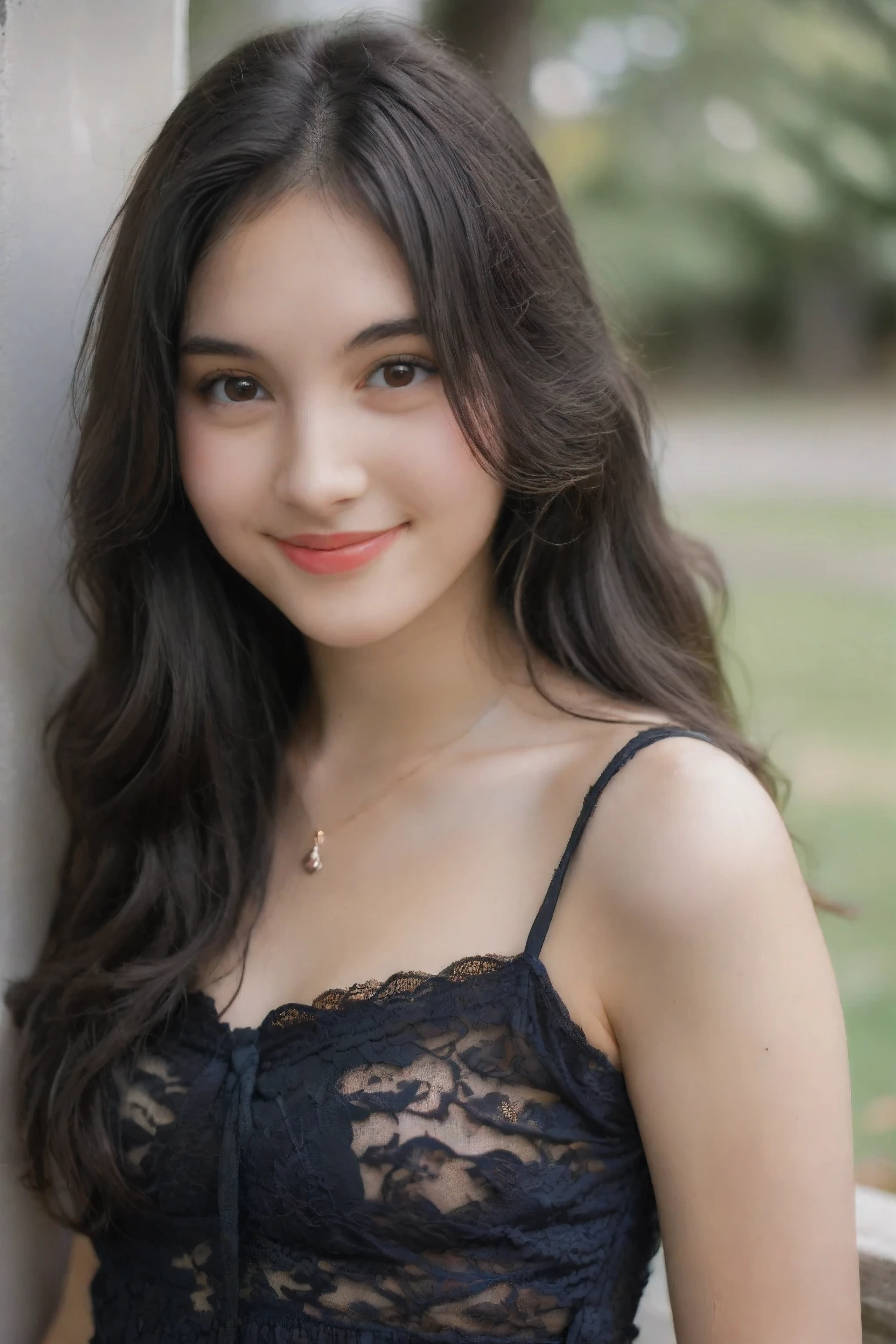 film portrait photography, 1girl, solo, seductive smile, long wavy black hair, brown eyes, looking at viewer, bare shoulders, serene, calm, (realistic detailed eyes, natural skin texture, realistic face details), soft lighting, depth of field, bokeh, vibrant details, finely detailed, hyperrealistic, 35mm film, hazy blur, filmg, colorful lace dress with big perky breasts