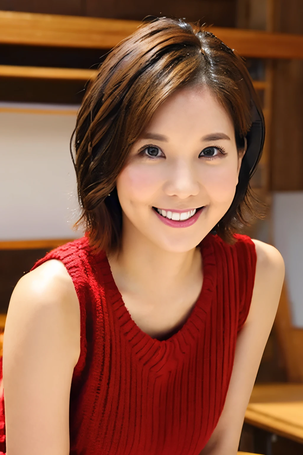 Beautiful 30 year old woman、Brown Hair、Wavy Short Hair、smile、Big Breasts、Sexy body、Red sleeveless knit sweater、White tanding in a wooden news studio set