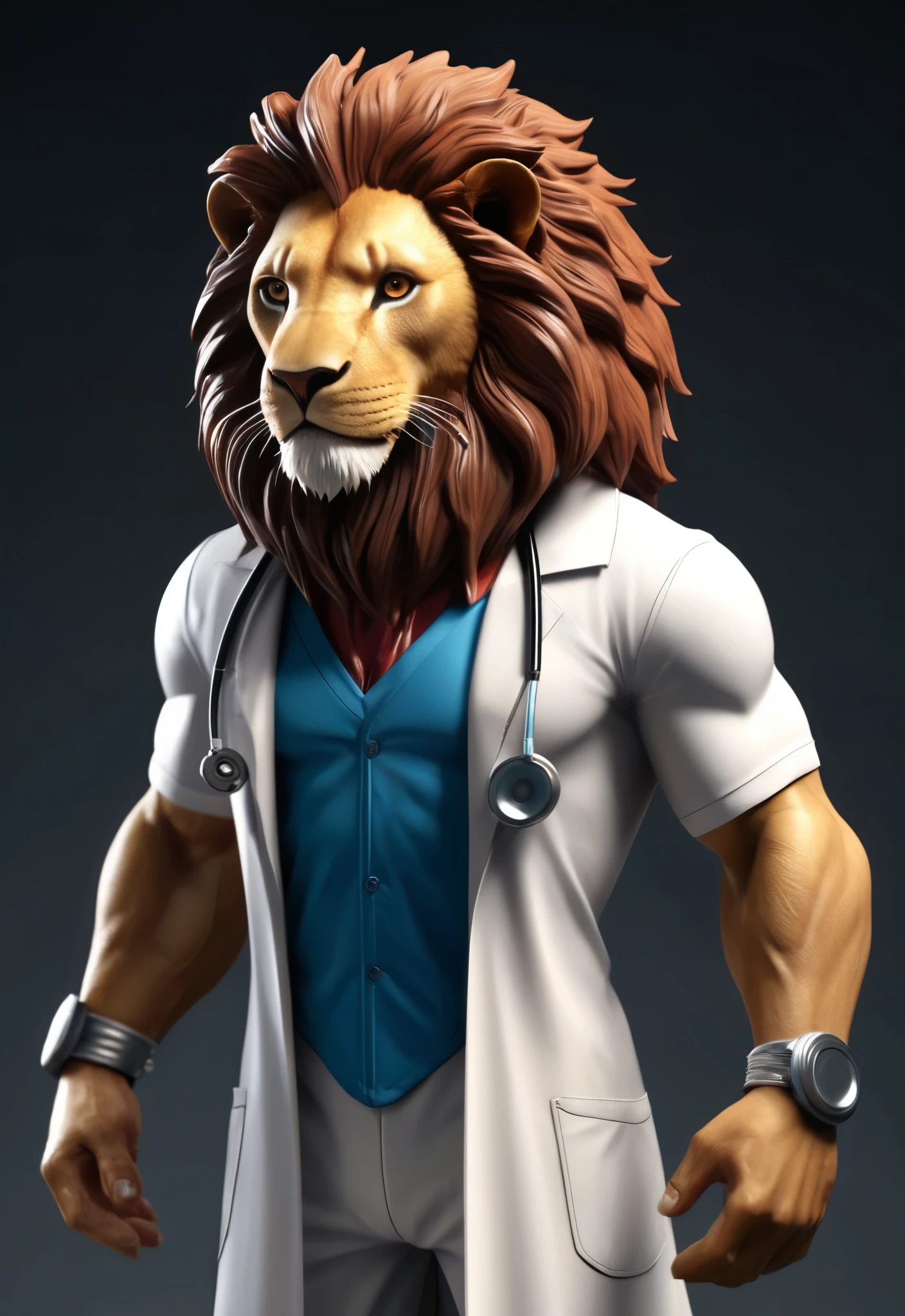 character of an andromorphic lion with a slim athletic body, dressed in doctor&#39;s coat, shoes and in the hands capsules where fruits and vegetables come out, animated Disney characters style