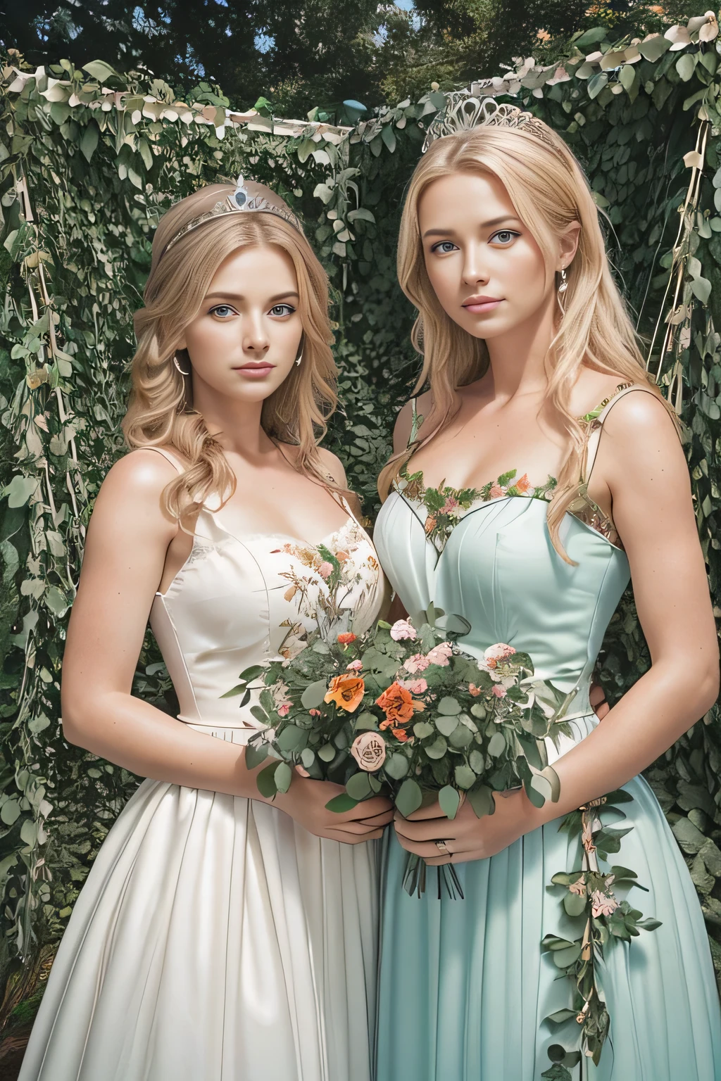 (masterpiece, best quality:1.5), highest quality, High resolution, super detailed, Realists, Full body photo of blonde woman, long open straight hair, detailed and beautiful eyes, beautiful detailed lips, very detailed eyes and face, longeyelashes, Woman in green and blue short airy pleated dress made of shiny satin fabric, Beautiful and colorful makeup, elegant and noble々Pose, Satin headbands and jewelry, Gardens as background, soft daylight, bright colors, fine brushstrokes, Portrait style, Plain dress fabric, beautiful color palette, glowing skin, First-class rendering, that captures every detail, enchanting atmosphere, subtle shadows and lights, (perfect anatomy:1.2), (Two stunning women with their mouths open, Surprised look.