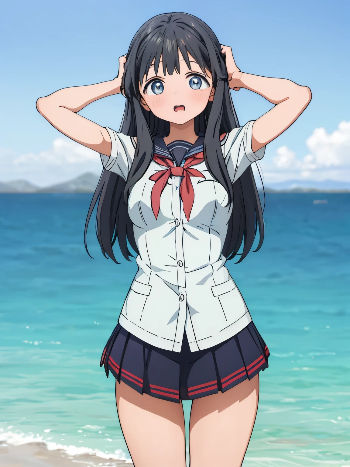 uniformを着たアニメの女の子が道を歩いている, Official Artワーク, Cute girl anime visuals, Anime Moe Art, Kantai Collection Style, Beautiful anime school girl, 8k!!, Also, 8k!, uniform, Cute Anime Girl, Official Art, Burning, Kantai Collection, Smooth anime CG art, Three poses before and after　Highest quality、Photorealistic、8k画質、High resolution、One Girl Unification、、Uniformity of hairstyle、Ruffles on skirts、Half-taken off clothes、Unbuttoned, revealing breasts、Shoot illustrations in one illustration　Three illustrations　Pause the image from the front　Posed image of underwear taken from directly below　3 poses that show your underwear from behind　3 poses sexy front　Low priced underwear　Angle from diagonally down　pants　Angle from below the front　　Hug your feet　The underwear is transparent  (Perfect hands, Perfect Anatomy),