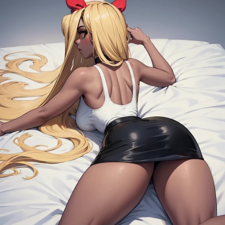 1girl, ass, solo, on_stomach, lying, from_behind, thighs, black pencil skirt, facing_away, bare_shoulders, back, choker, white_background, bed_sheet, blonde_hair, tank_top,