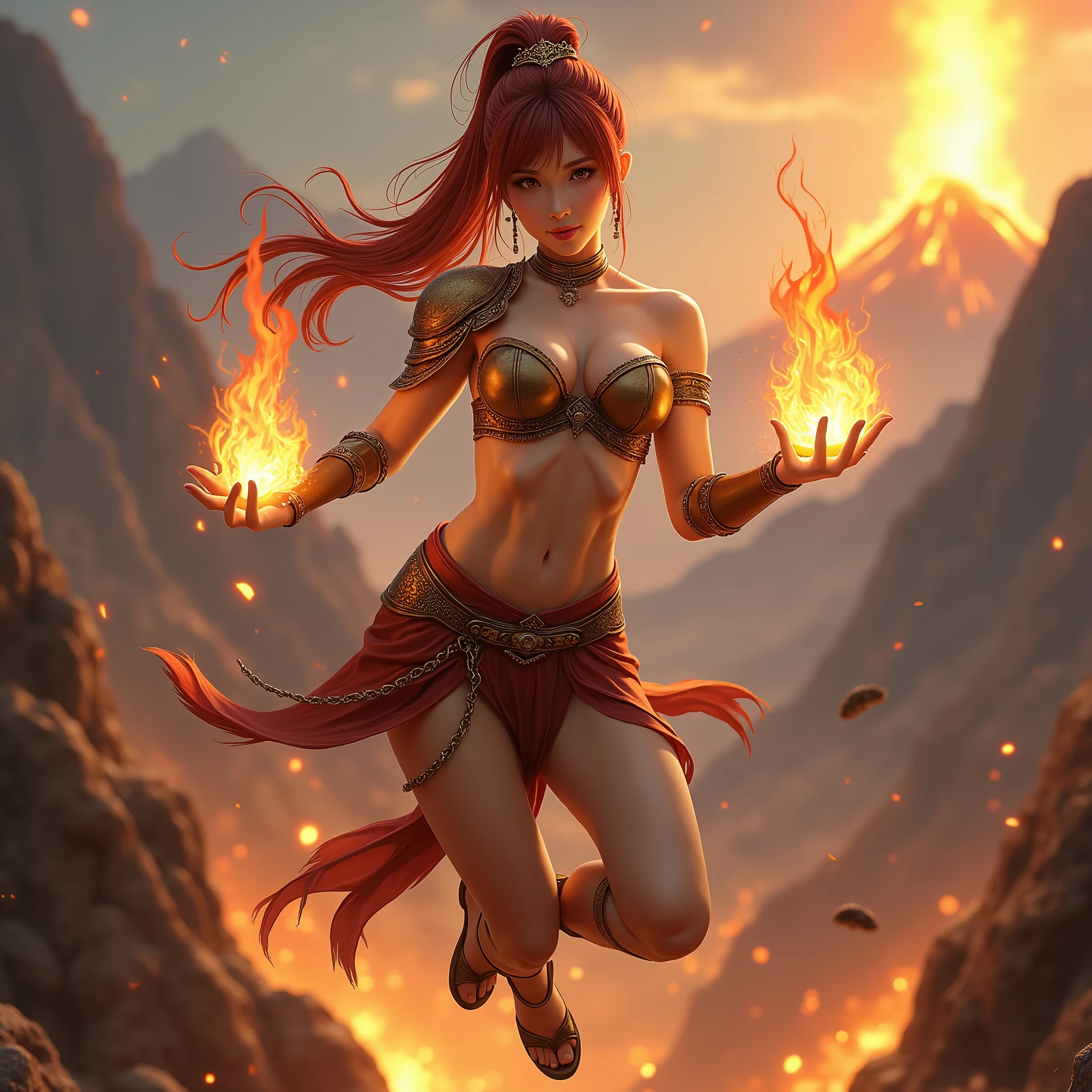 {best quality,4K,8k,highres,masterpiece:1.2),ultra-detailed,(realistic,photorealistic,photo-realistic、looking at the camera}、{Chinese、Dancer、Very large breasts、Covered nipples、extremely detailed eyes and face}、Flaming background、(Has a fire element、There are sparks、arms)、vibrant colors、Thigh