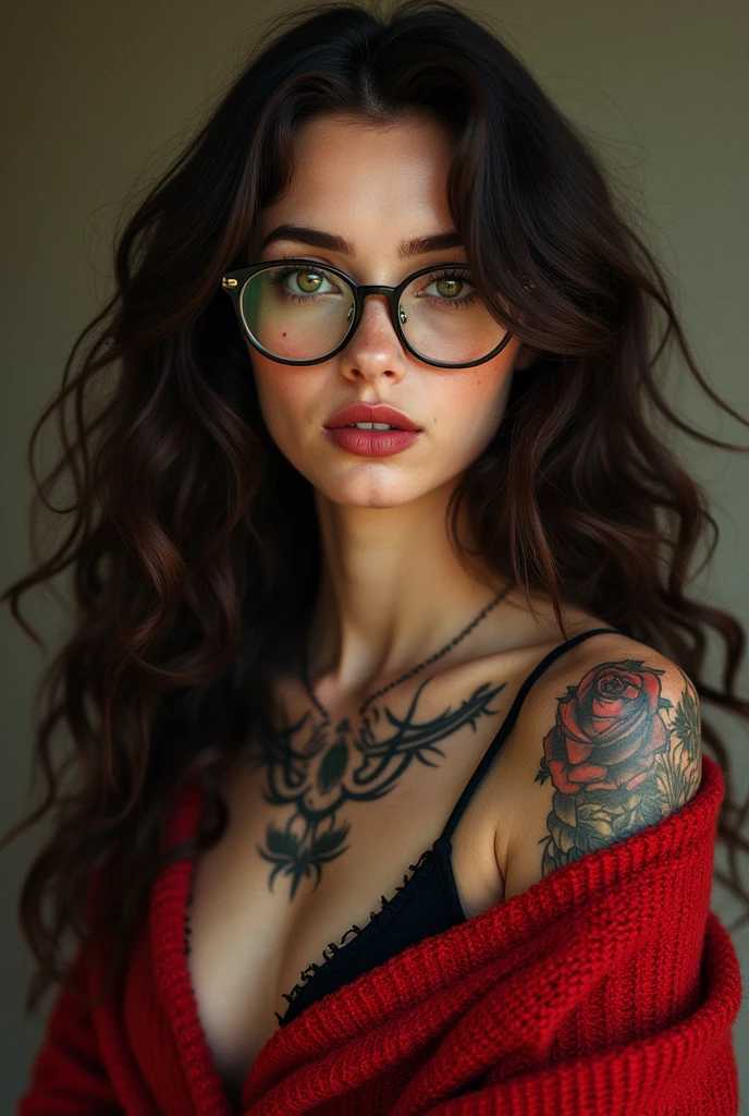 ((best quality)), ((masterpiece)), (detailed), 1girl, youthful, hot and sexy, larger busty chest,  half body shot, high quality, high resolution,  16K, ultra high res.photorealistic, UHD, RAW, hyper PhotoRealistic, preppy high school, school vest, muscle toned, muscles, dark brown long curly bush hair, green eyes, black headband, freckles, red lipstick, wearing thick rimmed eyeglasses, practicing, sweaty, drenched in sweat, wet soaked hair,  facemodel, seductively smiling at me, young, tattoos, short light brown jacket, nipple bumps through shirt