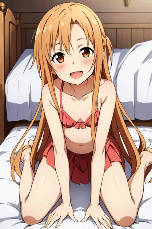 ((Highest quality)), ((masterpiece)), (be familiar with), Perfect Face, indoor, Bedroom, Watching the audience,
One woman, Yuuki Asuna,
Open Mouth, Ecstatic expression, blush, smile,
Small breasts, Flat Chest, , , child, Girl,
Long Hair, Long Hair,
Leg spread,