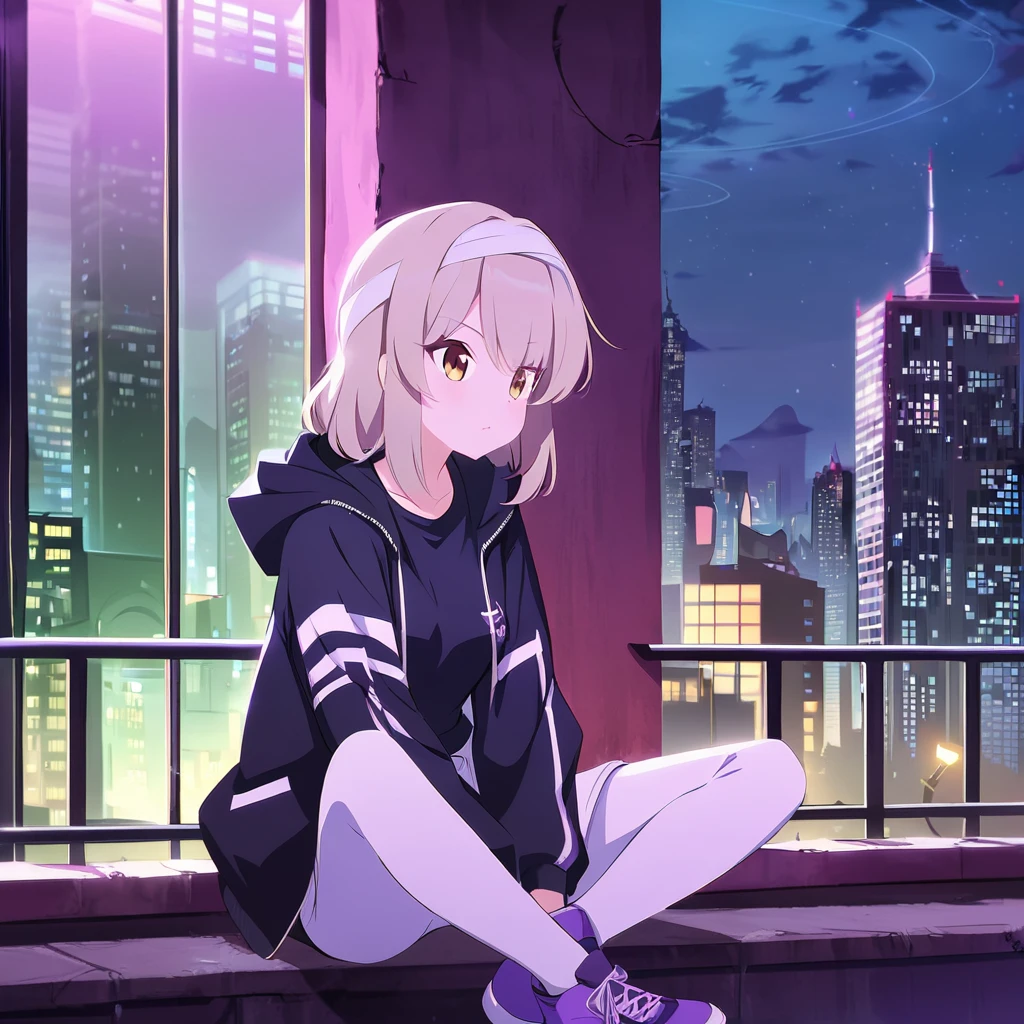 A young teenage girl with medium length grey hair (fluffy), light brown highlights, somewhat proportionate body, medium breasts, rosy cheeks, wearing a black t-shirt tucked into a black jacket with white details, white pants, white socks, purple shoes with black gloves and a bandage on her head, looking out at the city, unserious attitude, at night, robots around.