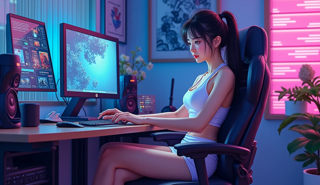 (best quality:1.1) ,(photorealistic:1.1), (photography:1.1), (highly detailed:1.1), 1girll,playgame,From behind,keyboards,Large display,backless,playing game