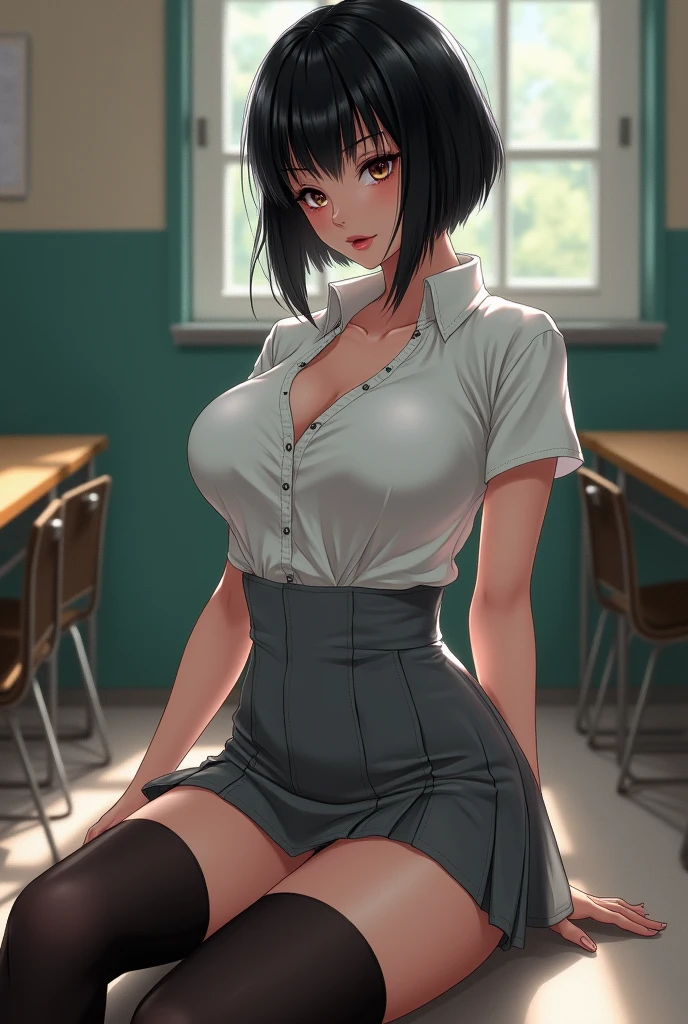Ultra High Resolution, UHD, absurderes, RAW photo, Masterpiece, Best Quality, 8K, ultra-photorealistic, (1 girl), intricate details, ultra-detailed, detailed face, detailed body, dramatic lighting, beautiful lighting, standing up, blushing, smile, green eyes, gorgeous eyes, short hair, bob hair, bangs, black choker, topless, exposed breasts, (black hair), (black pleated mini skirt), classroom, gorgeous face, gorgeous girl, large breasts, pink nipples, dark skin, hourglass body, gorgeous body, vivid colors, full body view, sharp focus