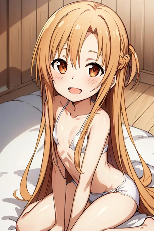 ((Highest quality)), ((masterpiece)), (be familiar with), Perfect Face, indoor, Bedroom, Watching the audience,
One woman, Yuuki Asuna,
Open Mouth, Ecstatic expression, blush, smile,
Small breasts, Flat Chest, , , child, Girl,
Long Hair, Long Hair,
Leg spread,