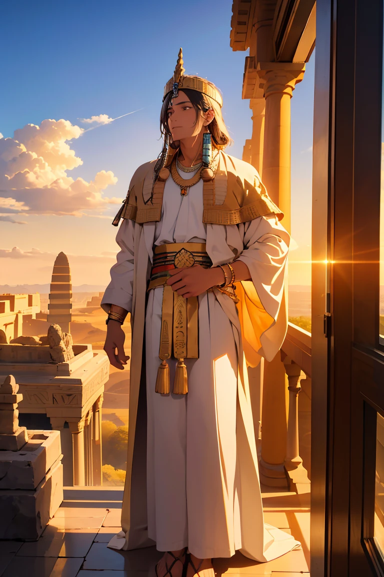 "A majestic view of Ramses II standing tall in front of massive, intricately carved statues and temples. His regal robes flow as the sun sets behind him, casting a golden hue on the ancient Egyptian landscape, symbolizing his obsession with immortality."