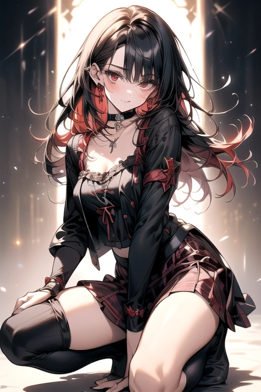 (Highest quality,Precise depiction,Accurate body depiction,Detailed Costume,Precise Background),Beautiful Girl,Beautiful breasts,Very small breasts,Slanted Eyes,(Black Hair:Red hair:1.5),(Gothic Punk:1.5),(camisole,Black jacket,Red checked skirt:1.3),(Red eyeshadow,Black mascara,Choker,Knee-high socks:1.3),(Pull down your panties:1.5,camisoleをめくる:1.3),(Sit with one knee raised:1.5),(Provocative Pose:1.5)