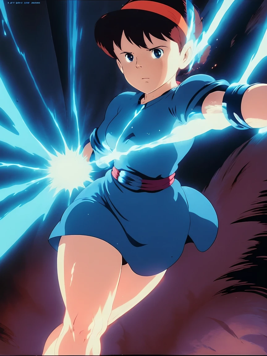 Sharp Focus, High resolution, High resolution,  alone, whole body, 1girl.Unleashing Power、Explosive Energy、thunder、Kamehameha、inflammation,Laputa,blue dress