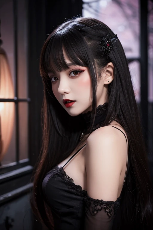 "A highly detailed and intense depiction of a terrifying female necromancer, Mid shot and dramatic capture shot in ultra detailed 8K wallpaper, Showing complex complexity".、Close-up of a woman with dark hair and a black dress, in style of Dark Fantasy Art, Dark fantasy art, A beautiful and elegant demon queen, Dark Fantasy Art, fantasy dark art, Dark fantasy digital art, gothic fantasy art, Gothic Dark Maiden, Dark Fantasy Portrait, Portrait of the Dark Goddess, Dark Fantasy Nymph Portrait