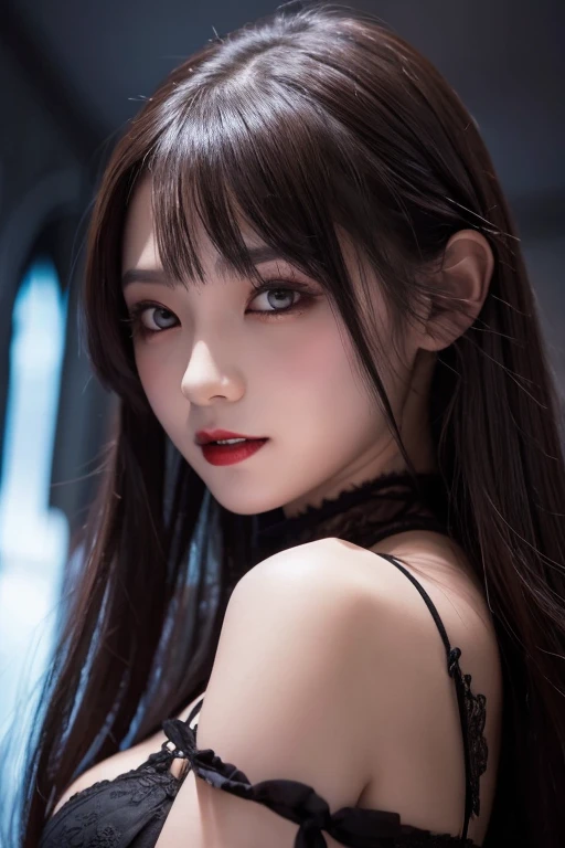 background(Black Night Sky,Big Moon),Close-up of a woman,Wearing a white shirt、Purple Hair,Very long hair,very thick braids,Purple eyes,big , realistic girl rendering, 8k artistic german bokeh, Enchanting girl, Realistic girl, Gurwitz, Gurwitz-style artwork, Girl Roleplay, Realistic 3D style, cgstation Popular Topics,, 8K Portrait Rendering,(truth,truth:1.4),Wear pink pajamas,巨big ,Sparkling eyes,Purple eyes、(highest quality,4K,8k,High resolution,masterpiece:1.2),Very detailed,(Realistic,photoRealistic,photo-Realistic:1.37),Mythical monster,Beast-like creature,Muscular,Six big legs,Stand like a gorilla,Red fur covering the body,two big horns,Drill teeth,Sharp Claws,Huge shape,Burning Fire Magic,Energy aura,A threatening presence,Glowing Eyes,Intimidating posture,Dark Environment,Smoke-filled air,Ominous Shadow,Majestic and fierce,Explosive power,Vibrant colors,bold,Horror art style,moving composition,Dramatic lighting,rib layer,large sharp teeth,Sharp Edges,Very detailedスケール,Burning Crack,Burning Flames,Furious expression,Burning with anger,Surrounded by sparks and embers