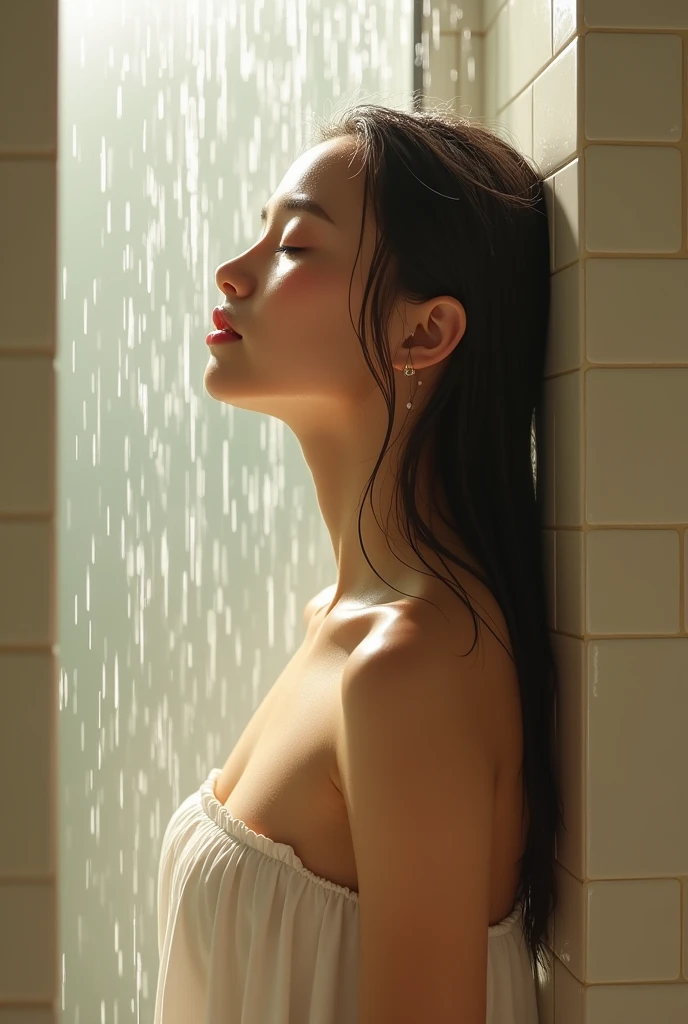 A Korean woman naked in the morning shower