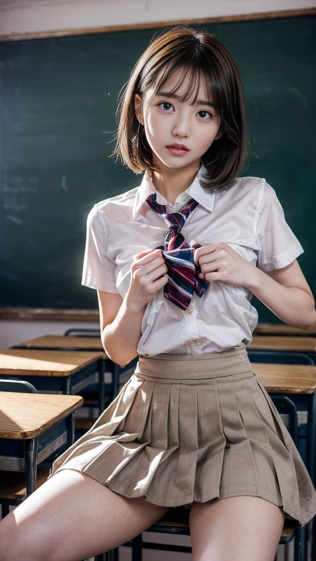 masterpiece, Highest quality, 8k, Young and beautiful, Baby Face、The clothes are big、photo shoot, Cute Face, Thighs, Bright classroom,  (((Embarrassing)))、Embarrassing、No makeup, 10 generations, Detailed face, Blurred Background、Tight waist、((((School uniforms、White shirt、Check mini skirt、Lift up your skirt、Showing pussy、Show me your pussy)))), short hair、Light brown hair、((痛みに耐えながら自分でLift up your skirtください..))、Bright classroom、Thighs、Spread your legs、((Apparently it is&#39;It&#39;s him&#39;I am going to cry))