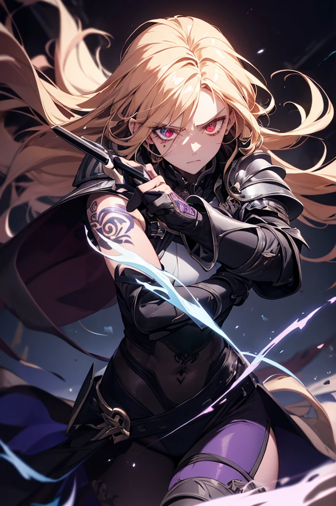 photorealistic, masterpiece, best quality, (detailed anime, video game art, extremely detailed CG unity 8k wallpaper), (best quality), (best illustration), (best shadow), absurdres, realistic lighting, (Abyss), illustration of a powerful, muscular female character with long, flowing blonde hair and piercing red eyes, clad in dark, angular armor that clings to her form. The character is adorned with black, claw-like markings or tattoos on her body, exuding an aura of danger and mysticism. She wields a weapon infused with dark, arcane energy, surrounded by a dynamic, swirling purple aura that crackles with raw power. The background is a chaotic, otherworldly environment, featuring a sky filled with swirling clouds, purple lightning, and dark, stormy tones of black, deep purples, and blues. The primary light source is the electric purple energy emanating from the weapon, casting sharp, dramatic shadows and highlighting the character's intense, brooding expression. The overall mood is dark, intense, and charged with apocalyptic energy, capturing a scene of impending battle or supernatural confrontation, flaming eye, eye trail, Oni, demon, runic bodysuit, glowing armor, red aura