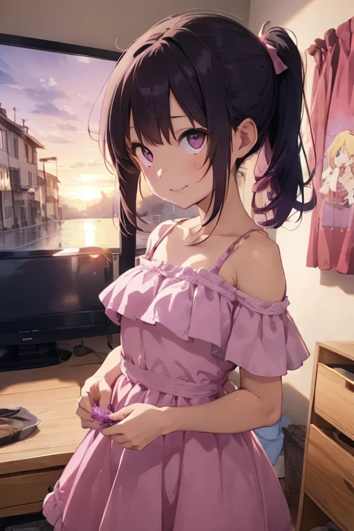 1girl, (Top view)、((On the balcony)), show off her breasts, (Blonde), (shiny skin:1.3)、Glowing pink Eyes, ((evil grin)), (), Black Hair、Cap, pink rip, ((((A pop long sleeveless one-piece dress)), No bra、sunglasses、((Panties with horizontal stripes)), (small breasts), (jewelry))), (((close up foot))), ((The girl is wearing socks))、She lifts her skirt to show her panties and make the man masturbate、(A man masturbates while lying down in front of a girl)、1boy, penis, penis under hand, (the boy is masturbation under the girl), eject cum:1.4、