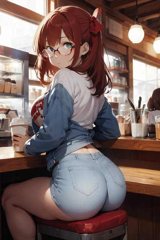 1 female, shy, anxiety, brown short long hair, red hair ribbon, huge breast, thick, white t-shirt, blue jean short, red jacket, glasses, light blue eyes, coffee woman, coffee shop, sitting down, thick ass, ass