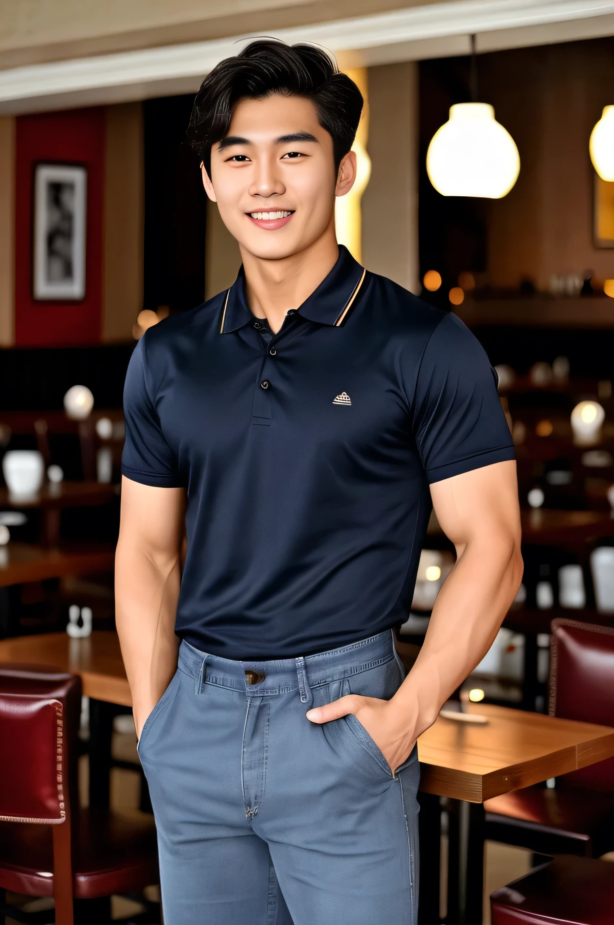 single: 1.5, (ที่TRUEแล้ว, Masterpiece, 8k HD, good light quality, sportswear, to fit the face, complicated details), A handsome Korean man with muscular arms.. , 20 years old, be happy, smile brightly, detailed face, delicate eyes, look at the sky, Wear a tight navy polo shirt..:1.6 ,Wear a denim coat.., Jeans era, black eyes, Black hair color, ผมsmooth, smooth,SurTRUE,Excellent details,Highest quality,TRUE,Open your mouth to talk.. , Close your eyes.., (Standing in a restaurant:1.5)