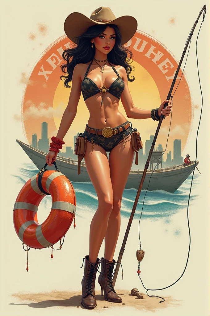 Painting of a bikini-clad siren sitting on the edge of a broken boat, looking through binoculars, with a harp at her feet, inspired by Robert McGinnis, Robert McGinnis, boris vallejo, boris vallejo, boris vallejo and ilia juggs, 60s sci-fi pinup, boris vallejo and julie bell, frank frazetta style paintings, boris vallejo style, boris vallejo style, boris vallejo style