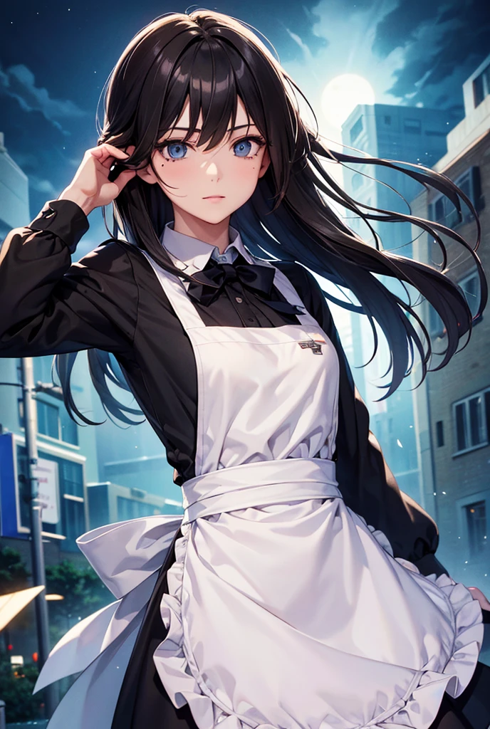 (Ultra-realistic), (figure), (High resolution), (8k), (Very detailed), (best figure), night ( Chainsaw Man ), (Beautiful attention to detail), (Highest quality), (Very detailed), (masterpiece), (wallpaper), (Detailed face), alone, Upper Body, Focus on the face, 1 girl, Long black hair, Korean, Light eyeshadow, Well-detailed eyes, Brown eyes, Small mole under eye, Long sleeve shirt, Neck Bow, Small breasts, Apron dress, Dynamic pose, Low light, night, dark, cloud, dark night