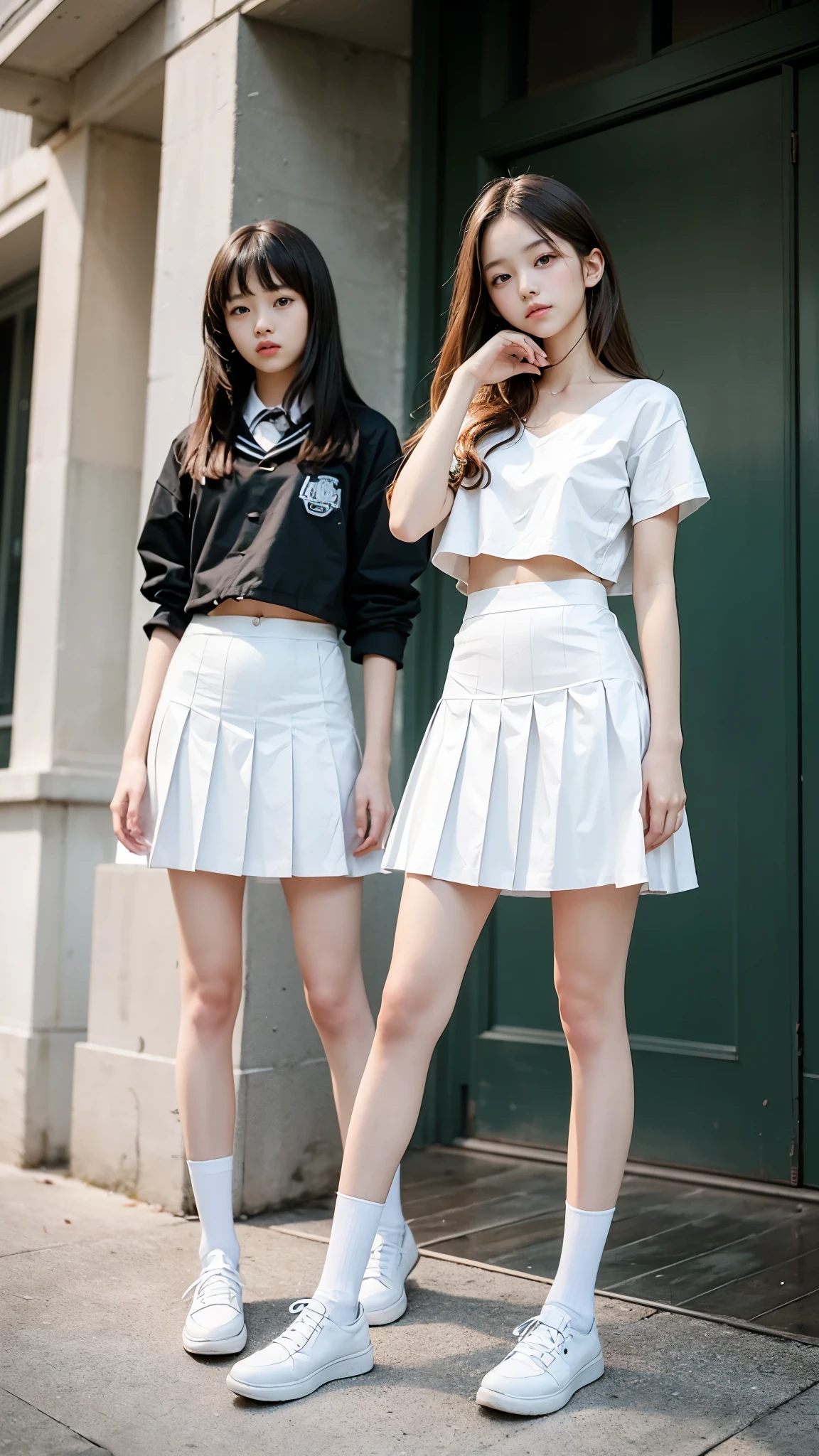 High detail, Textured skin, Very detailed, Ultra high definition, High-resolution model, Detailed face、bare navel、Twins, two girls, two high school girls、(((flat chest))), (flat chest:1.1)、 14years、a junior high school student、School Uniforms、Cute, young, (Full body:1.3)、Ultra-detail、​masterpiece、top-quality、超A high resolution、8K high image quality、Photogenic clarity、A detailed eye、Real live-action、Spring outdoor、Model Standing、Beautiful posture、High detail, Textured skin, Very detailed, Ultra high definition, High-resolution model, 