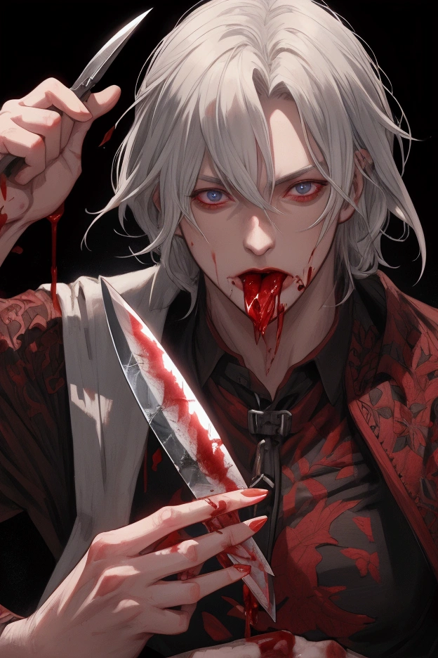 Shota,Lean against the corner,Splattered blood on the face,whaite hair,Red and blue pupils,Shabby white shirt,Gray coat,The male