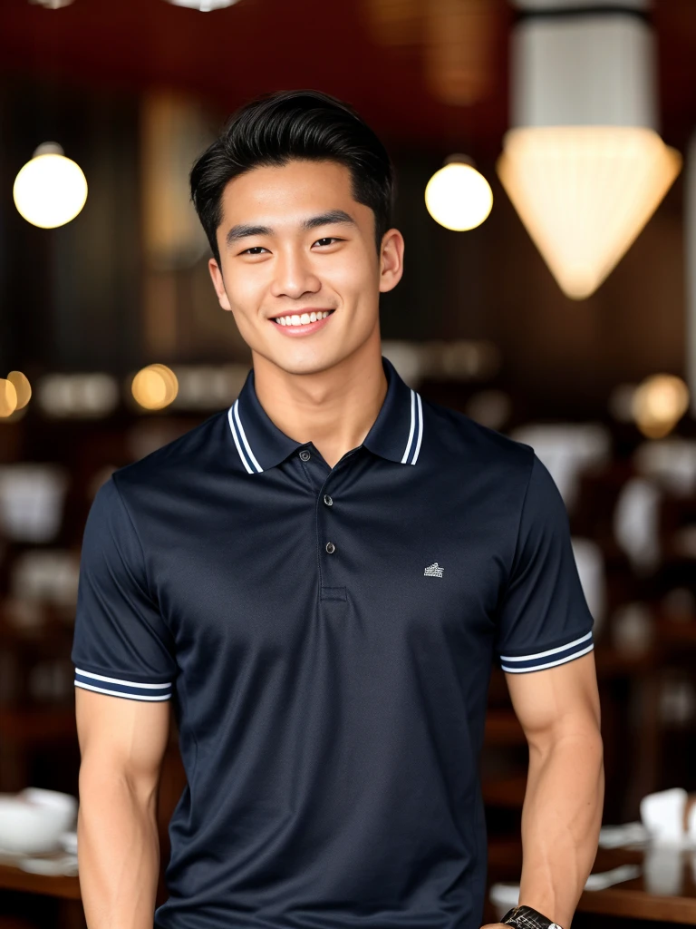 single: 1.5, (ที่TRUEแล้ว, Masterpiece, 8k HD, good light quality, sportswear, to fit the face, complicated details), A handsome Korean man with muscular arms.. , 20 years old, be happy, smile brightly, detailed face, delicate eyes, look at the sky, Wear a tight navy polo shirt..:1.6 ,Wear a denim coat.., Jeans era, black eyes, Black hair color, ผมsmooth, smooth，SurTRUE，Excellent details，Highest quality，TRUE，Open your mouth to talk.. , Close your eyes.., (Standing in a restaurant:1.5)