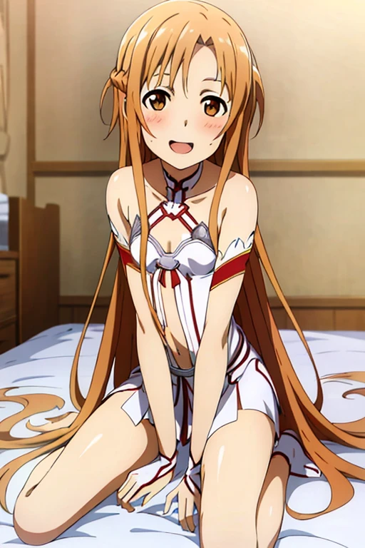 (( best quality)), ((masterpiece)), (be familiar with),  perfect face, indoor, bedroom,  watching viewers ,
One woman,  Asuna Yuki,
 characters with open mouth ,  ecstatic expression with hands in front of body, blush, smile,
Small breasts,  flat chest, Young girl, Lori,  ,  girl,
 long hair,  long hair,
Leg spread,