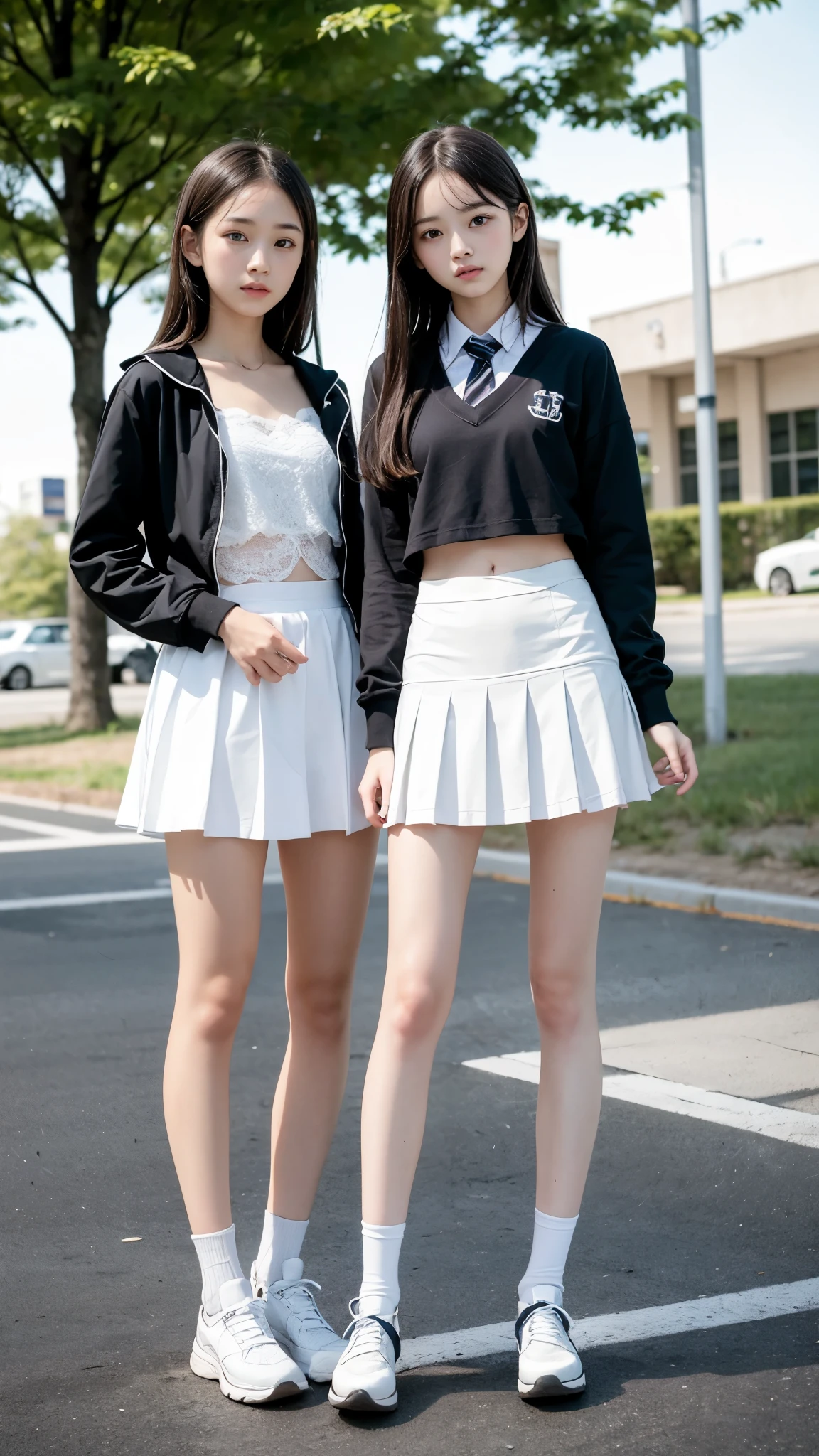 High detail, Textured skin, Very detailed, Ultra high definition, High-resolution model, Detailed face、bare navel、Twins, two girls, two high school girls、(((flat chest))), (flat chest:1.1)、 ars、a junih school stuiforms、Cute, young, (Full body:1.3)、Ultra-detail、masterpiece、top-quality、超A high resolution、8K high image quality、Photogenic clarity、A detailed eye、Real live-action、Spring outdoor、Model Standing、Beautiful posture、High detail, Textured skin, Very detailed, Ultra high definition, High-resolution model, hair waving in the wind