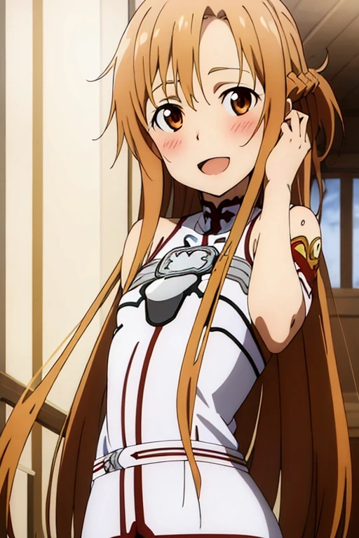 ((Highest quality)), ((masterpiece)), (be familiar with), Perfect Face, indoor, Bedroom, Watching the audience,
One woman, Yuuki Asuna,
Open Mouth, Ecstatic expression, blush, smile,
Small breasts, Flat Chest, , , , Girl,
Long Hair, Long Hair,
Leg spread,