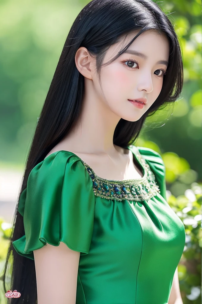 a very realistic image of a beautiful woman with black hair, dark makeup around her eyes and metallic green lipstick wearing a long dress, nessa cor azul turquesa, very elegant she is a slender and very beautiful woman, her hair is straight and her eyes are green She is standing, The framing captures the entire woman from head to toe, Behind her there is a wall completely covered with dark green leaves, which highlights the color of her turquoise dress., on this wall made of leaves there is water and some small black rocks behind the leaves the woman is posing for a photo the image needs to be very realistic with professional quality, highlighting the dark green color of the leaves that are on the wall behind the woman and the turquoise blue of the dress she wears, To give a better view of her dress, the turquoise blue on the dress may start a little lighter at the top and gradually darken until it reaches her feet..