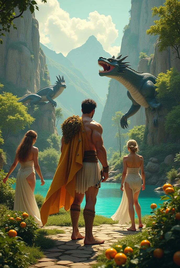 An image of a man, a woman and two male children. Adam and Eve, in a forest, according to the Bible. Ultra realistic image, 4k, high definition.