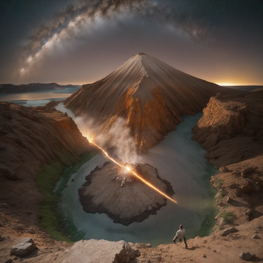 a white man, muscular, 3, with a defined beard, poses shirtless in a vast, newly formed crater, with a smoking meteorite behind him. Shiny rock fragments surround the area, as the night sky is illuminated by an orange glow emanating from the impact. Su torso muscular brilla bajo la luz de las llamas y el polvo, highlighting every contour with a dramatic shadow. the camera, from a high angle, focuses his serious and powerful expression, capturing both the strength of his body and the cosmic power of the meteorite at his feet, creating a scene of impact and mystery.

