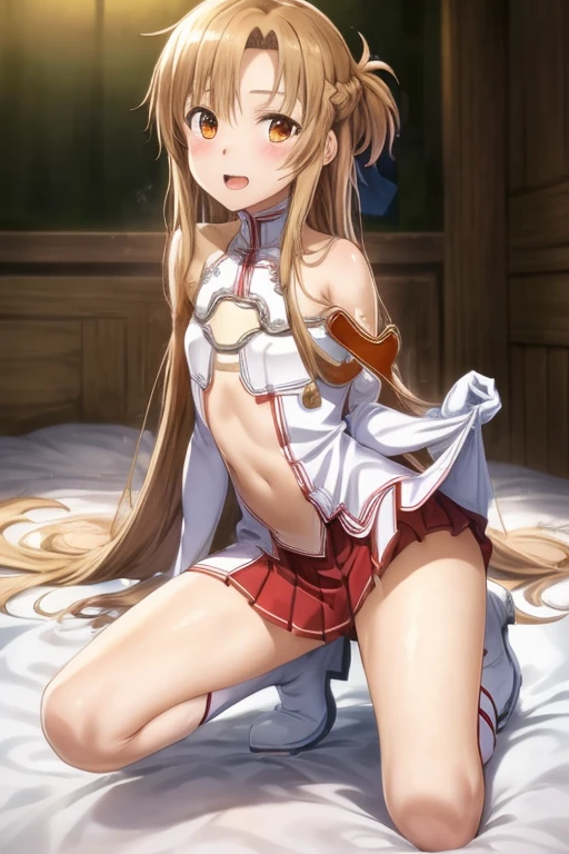 ((Highest quality)), ((masterpiece)), (be familiar with), Perfect Face, indoor, Bedroom, Watching the audience,
One woman, Yuuki Asuna,
Open Mouth, Ecstatic expression, blush, smile,
Small breasts, Flat Chest, , , child, Girl,
Long Hair, Long Hair,
Leg spread,