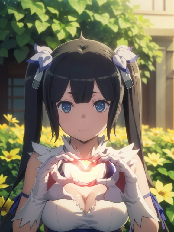 (masutepiece, Best Quality, hight resolution, nffsw, Perfect Pixel, depth of fields, 4K), 
Beautiful anime girl, 
Perfect body,  ,best quality, masterpiece, highres, solo,  hestia
, looking at viewer,  (heart hands:1.6), flower garden, many flower