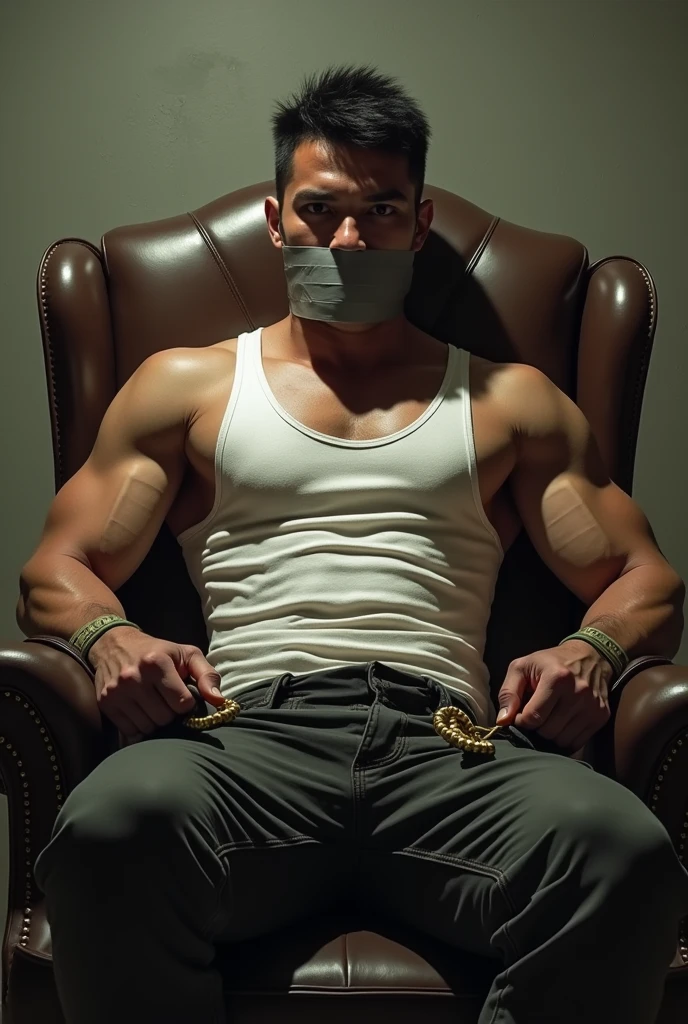 Bald muscular man,Lie on a treatment chair,Wearing a headset,Wearing a VR eye patch,face expressionless