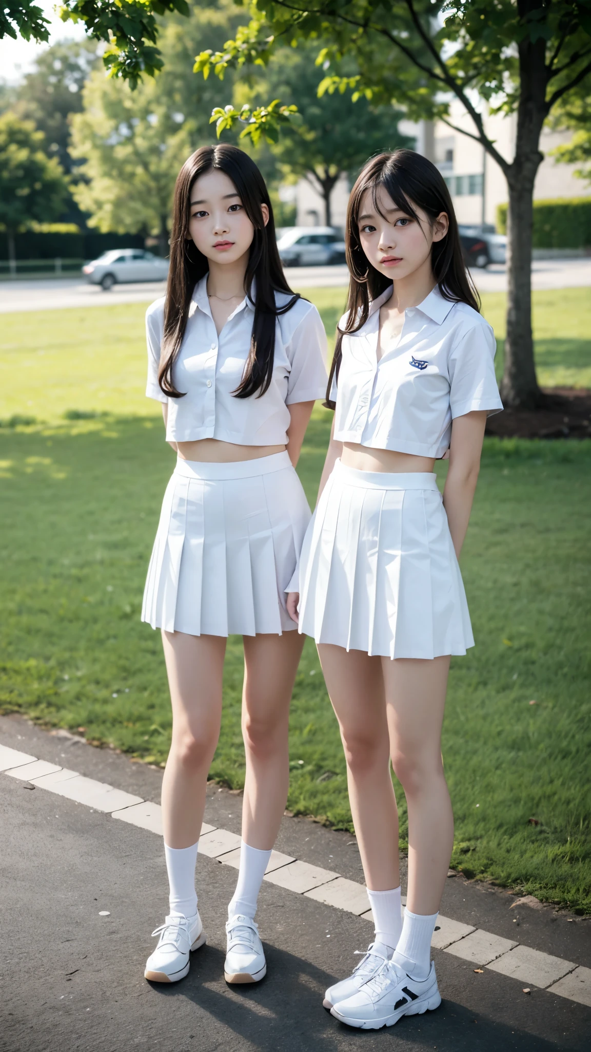 High detail, Textured skin, Very detailed, Ultra high definition, High-resolution model, Detailed face、bare navel、Twins, two girls, two high school girls、(((flat chest))), (flat chest:1.1)、 14years、a junior high school student、School Uniforms、Cute, young, (Full body:1.3)、Ultra-detail、​masterpiece、top-quality、超A high resolution、8K high image quality、Photogenic clarity、A detailed eye、Real live-action、Spring outdoor、Model Standing、Beautiful posture、High detail, Textured skin, Very detailed, Ultra high definition, High-resolution model, hair waving in the wind