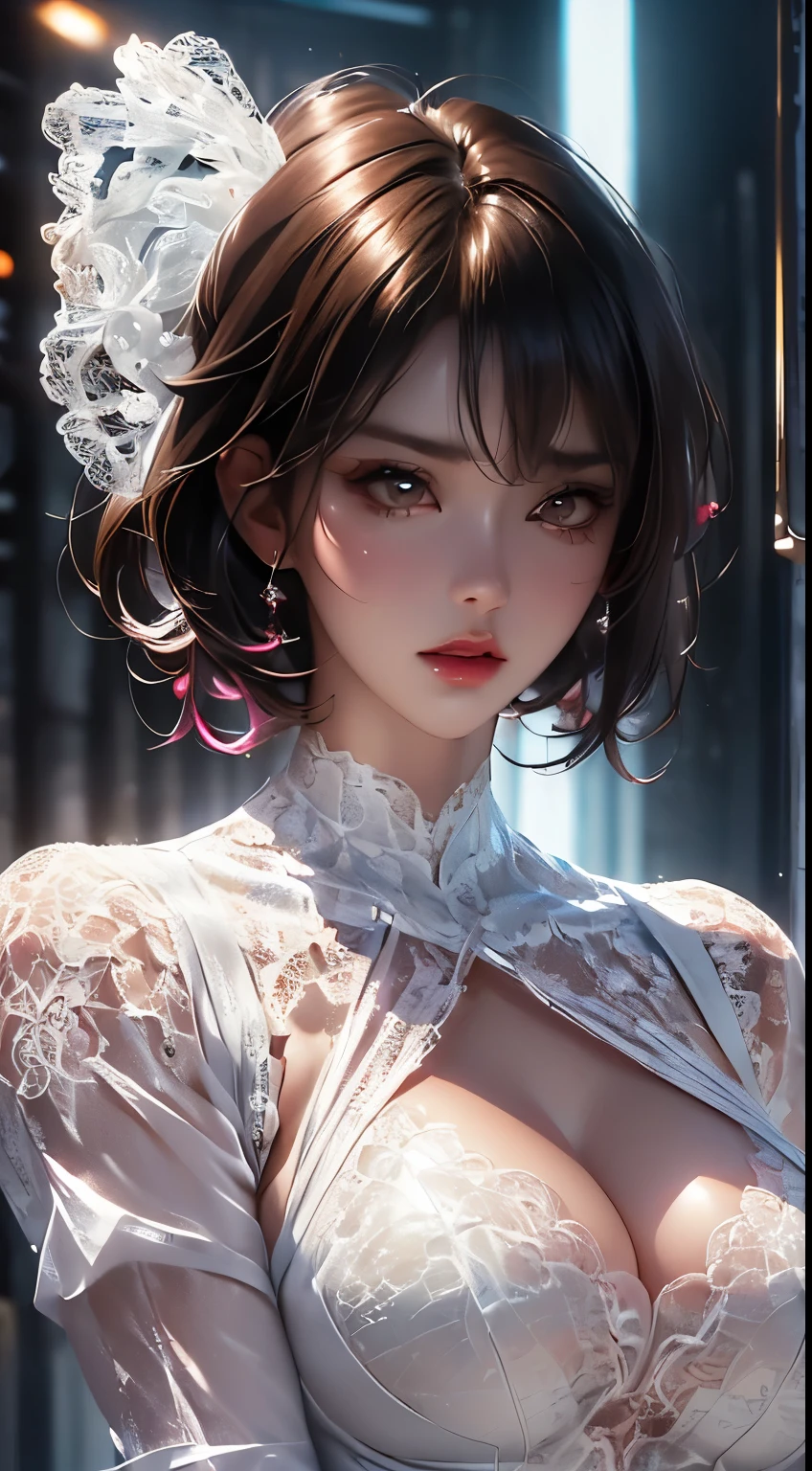1girl, solo, (photorealistic:1.4), very delicate and beautiful, (top quality:1.4), (high detailed skin:1.4), glowing eyes, goddess, shiny skin, Beautiful detailed face, real skin texture, expressive eyes, luscious lips, glossy lips, natural makeup, golden short hair, purple eyes, partially clad in a gorgeous (red:1.3) lace wedding dress, suggestive gaze, elegant and attractive posture, upper body shot, (from below:1 .4),(white back ground:1.4)