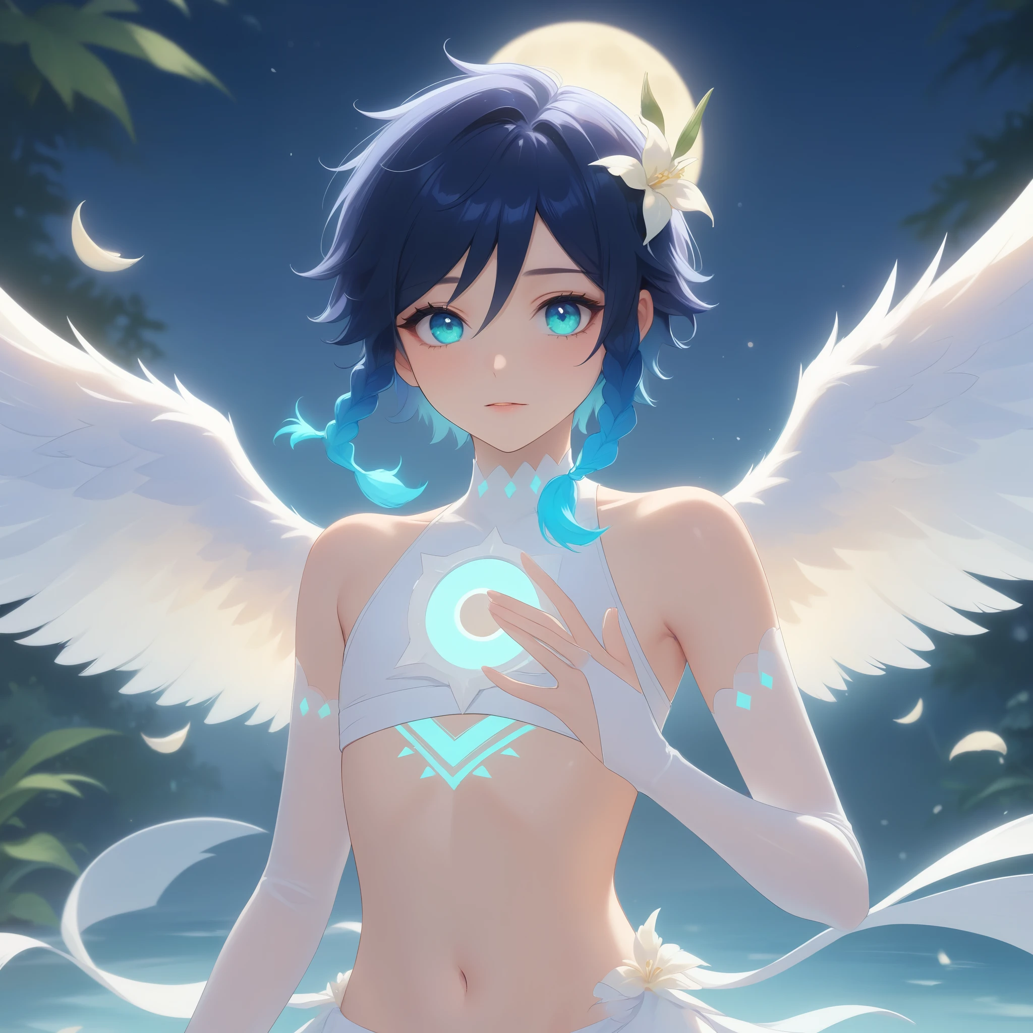 (best quality,4k,8k,highres,masterpiece:1.2),1boy,venti,genshin impact,ultra-detailed,(realistic:0.25),wearing white,bare shoulders,bare stomach,bridal gauntlets,large fluffy white feathered_wings,night,moon reflection,intricate details,delicate,pastel color palette,elegant curves,effects of light and shadow,subtle reflections,face focus,sharp focus,white flower petals falling,ethereal atmosphere,elysium,soft starlight filtering through trees,lush plant life,cool blue toned blossoms,harmonious blend of nature and art,transcendent beauty,awe-inspiring artwork,flat chest,navy gradient hair in twin braids,graceful pose,glowing hair, glowing eyes,glowing chest tattoo,Award Winning,pixiv_fantasia,artstation trending,Super Detailed, 